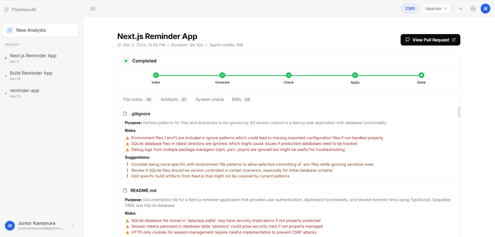 Export artifacts and evidence screenshot
